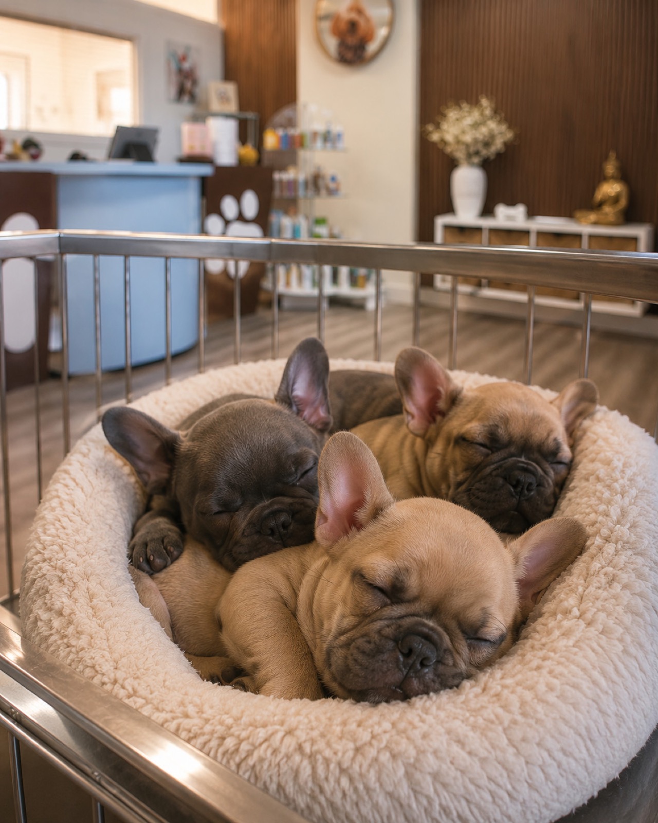 Three sleeping French bulldog puppies