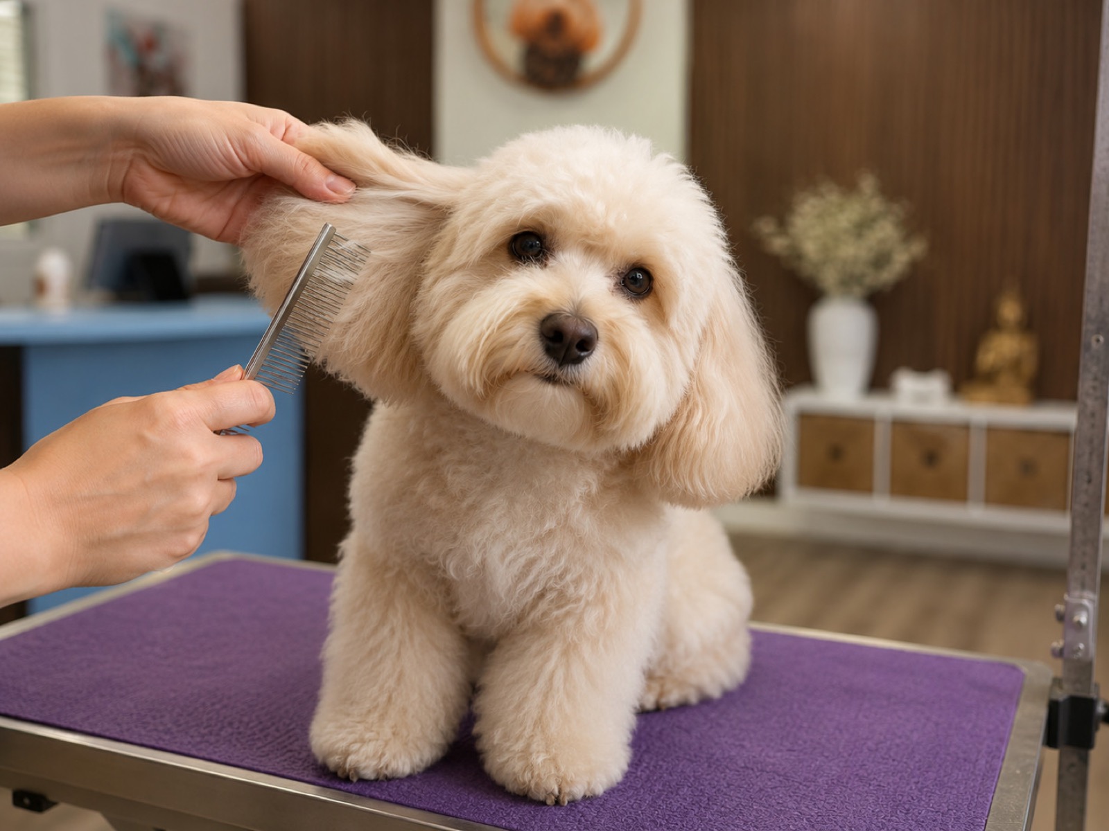A groomer combing a dog's coat